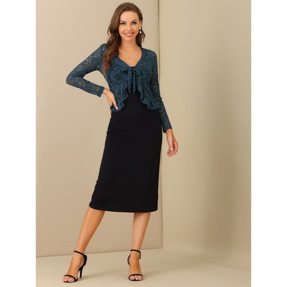 Floral Lace Shrug Tie Front Ruffled Sheer Crop Bolero Cardigan Dark Blue Grey - Picture 5 of 6